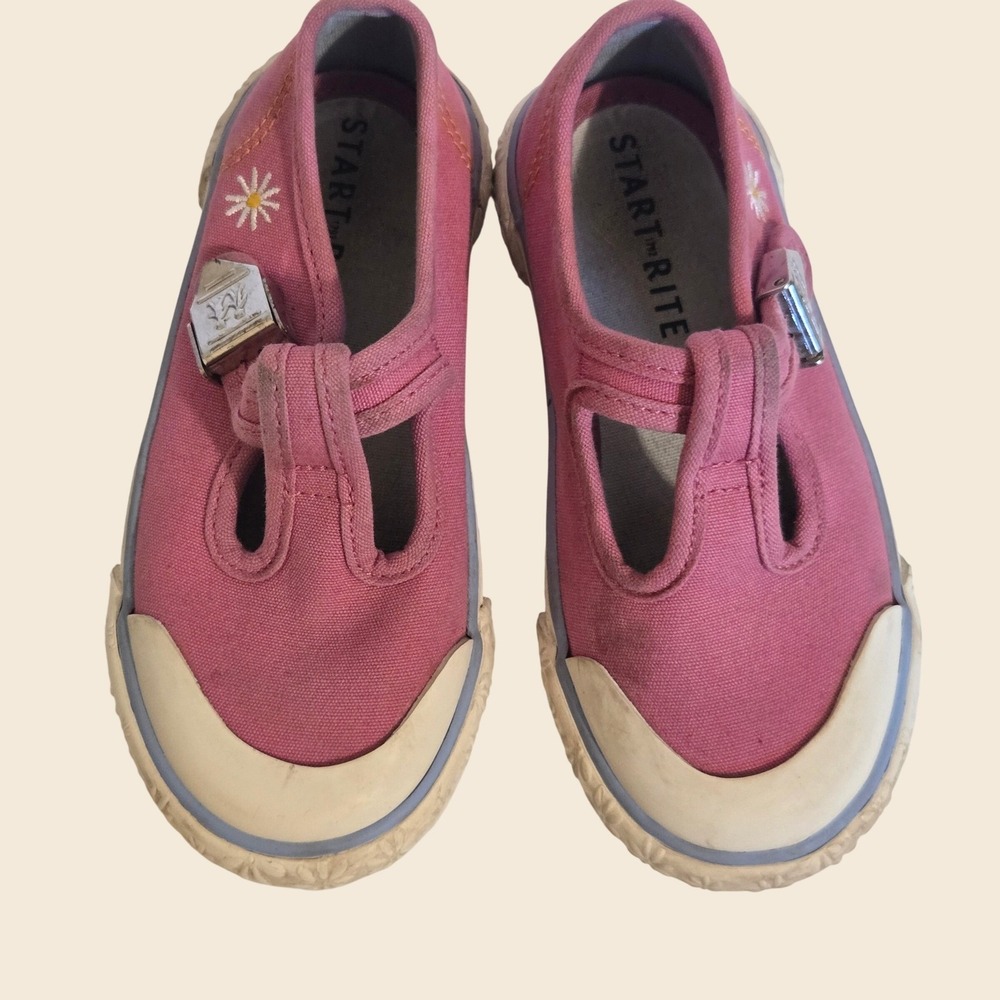 Start-Rite Girls Pink Canvas Mary Jane T-Bar Daisy Embroidered Size UK7/US 8C